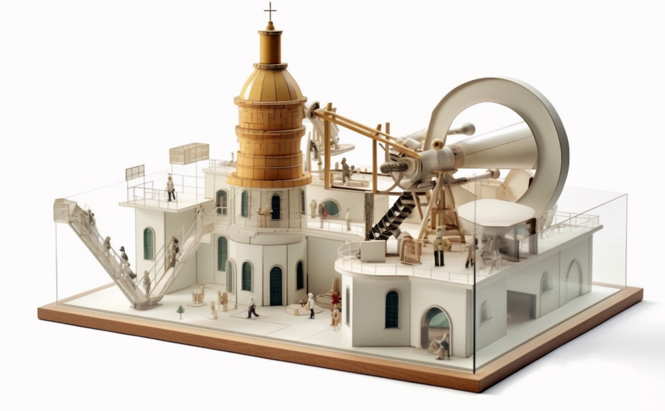 Diorama model van een observatorium. Referentie naar bokeh met telescoop lens.