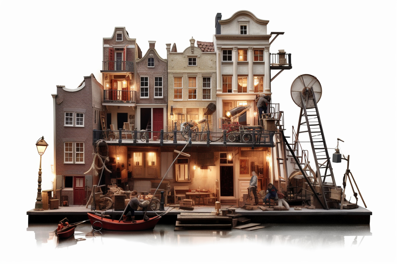 diorama model van videoproductie in amsterdam, grote film crew met camera's