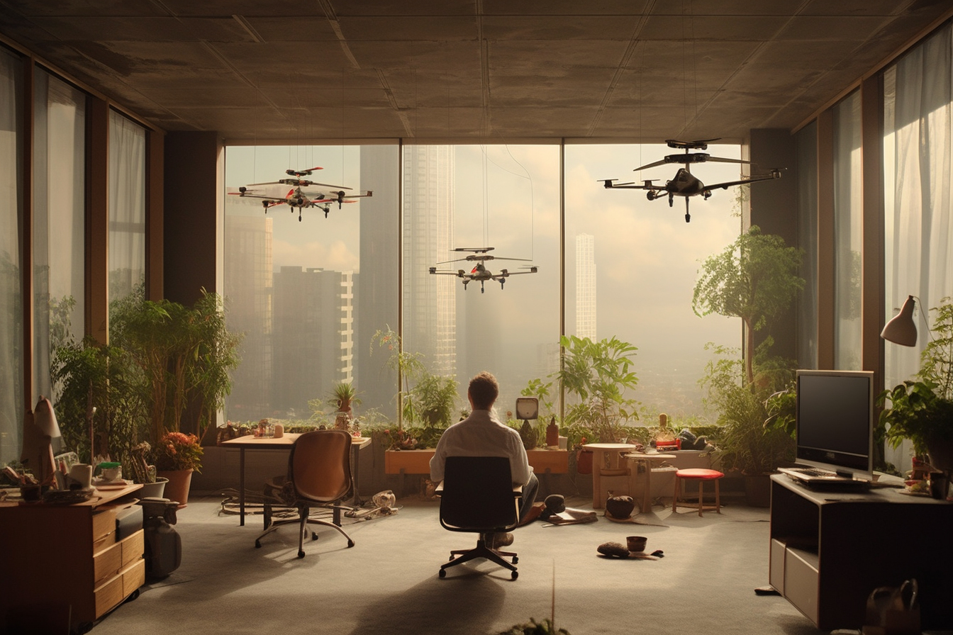 drone making a video inside an office setting, skyscraper view