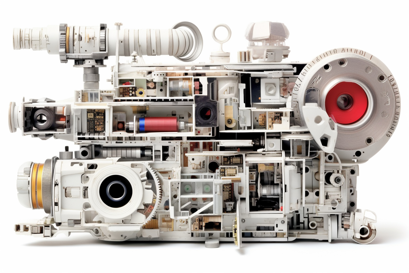 Doorsnede van futuristische cinema camera met onderdelen en settings.