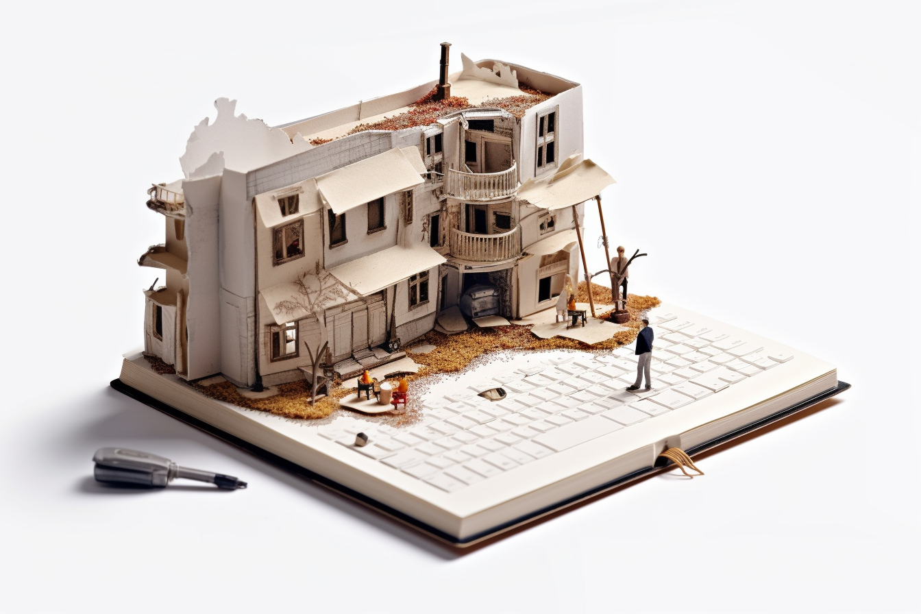 Diorama voorstelling notebook blog met toetsenbord en filmset erop gebouwd.