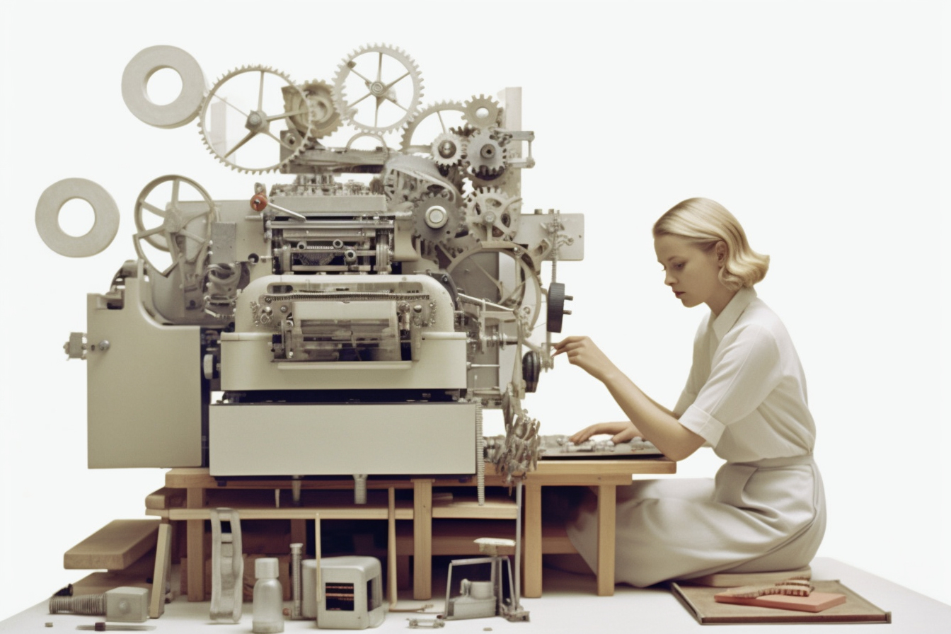 artistieke vrouw bedient oude cinema projector, vintage video trends