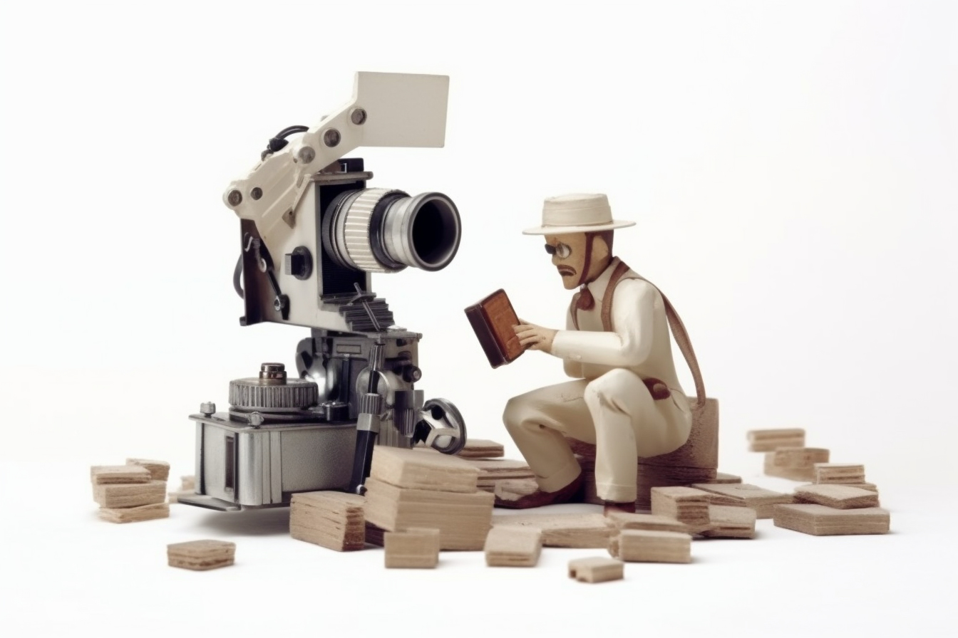 Model poppetje van videograaf met cinema camera leest boek over videograaf worden.