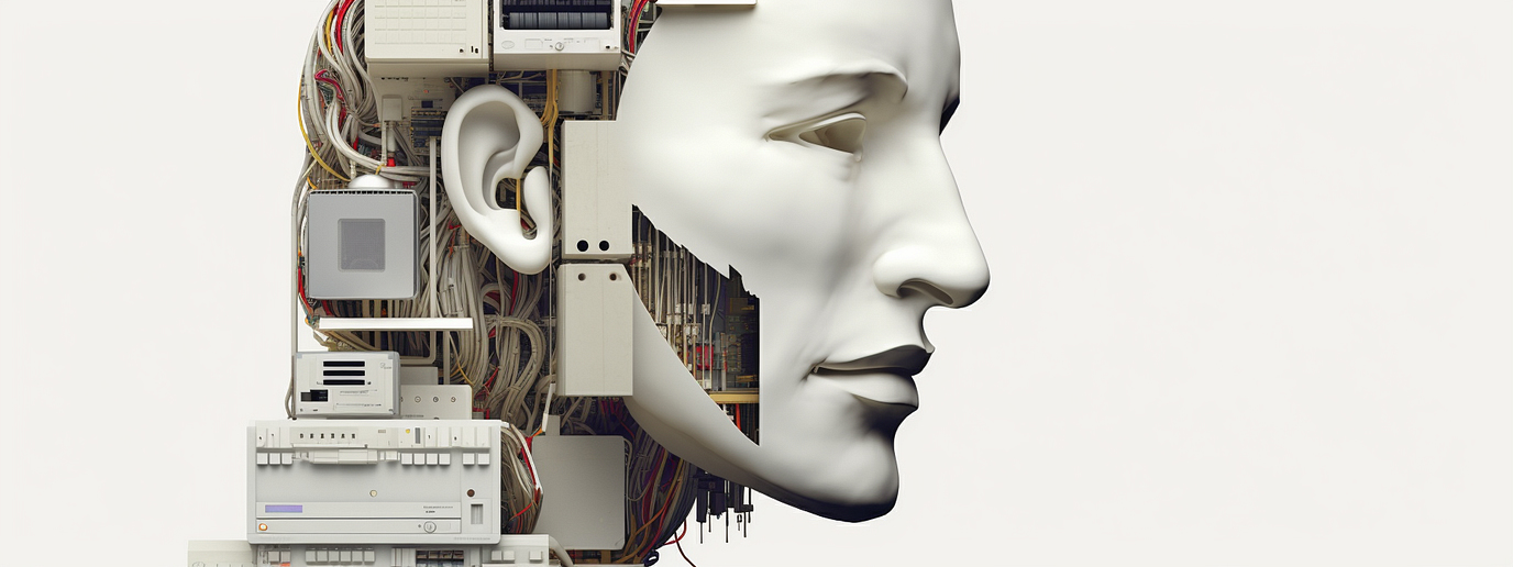 AI met videoproductie elementen, gezicht met computer erachter.