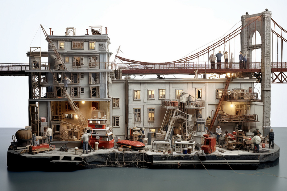 diorama model van rotterdamse haven en videoproductie film crew