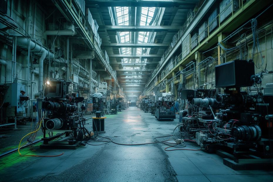 fabriek met camera gear, heel veel cinema spullen